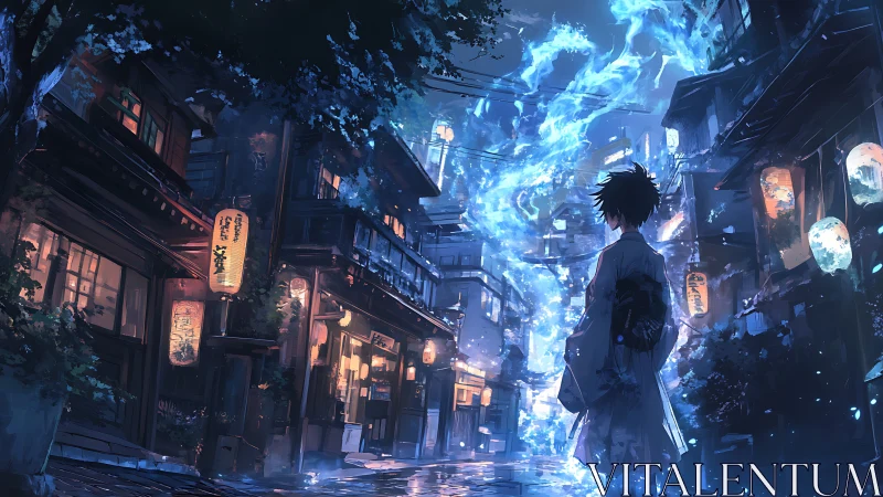 Nocturnal alleyway frames robed figure with spiraling blue energy
