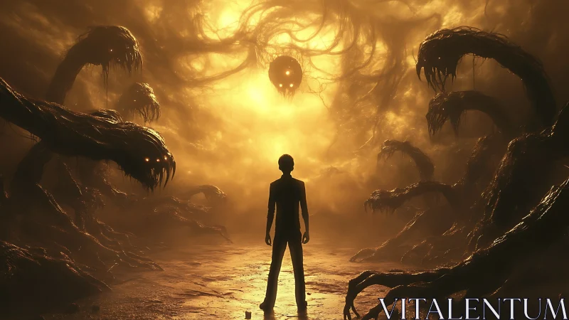 Silhouetted figure confronts tentacled horrors in infernal glow