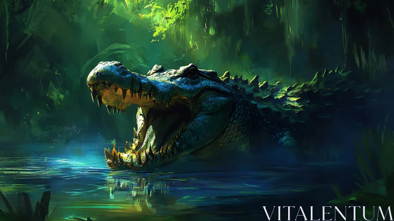 Predatory crocodile emerges from luminous jungle lagoon at dusk