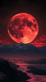 Scarlet supermoon over mountain ridge and river valley.