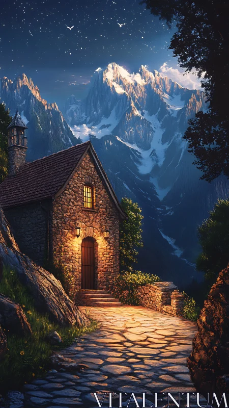 Stone mountain cottage under starlit alpine peaks.