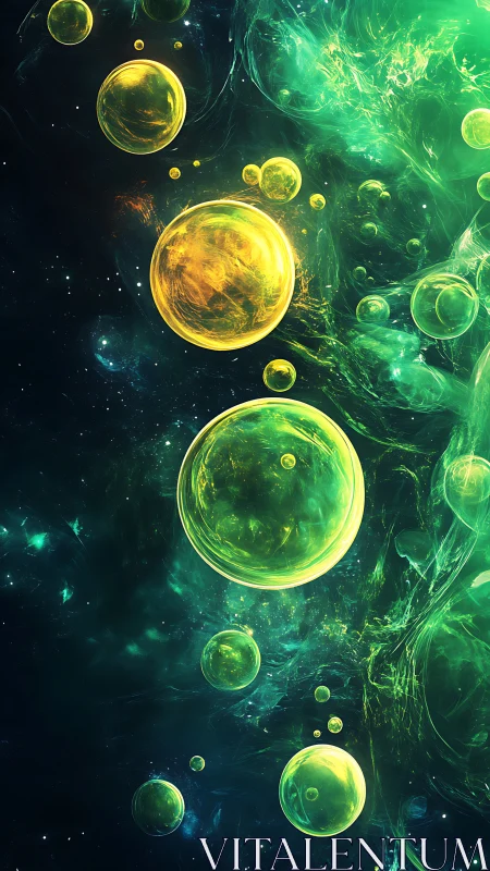Luminous emerald spheres drifting through cosmic void.