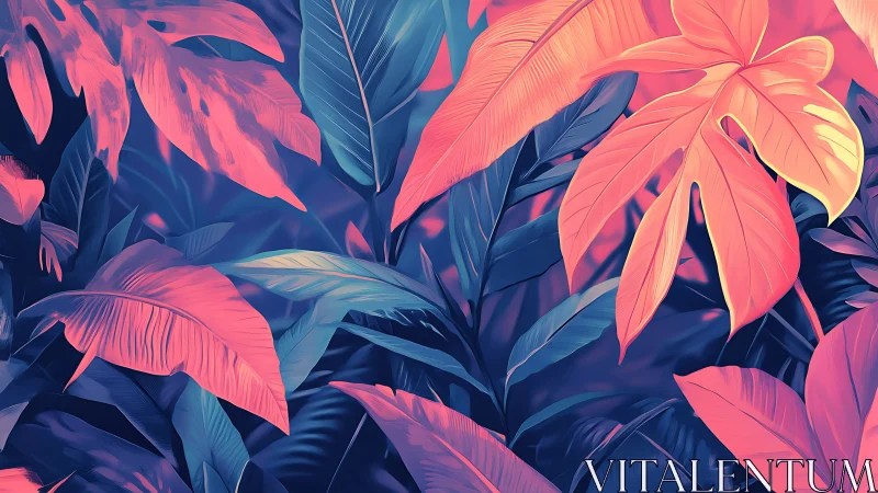 Tropical foliage shows neon pink and blue gradient lighting