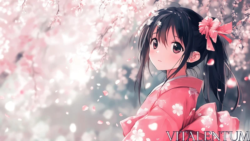 Anime girl in pink kimono under soft cherry blossoms.