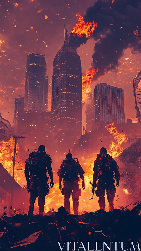 Soldiers stand before burning skyscrapers in ruined city.