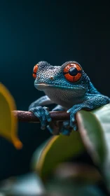 Blue tree frog with bright red eyes on branch at night.