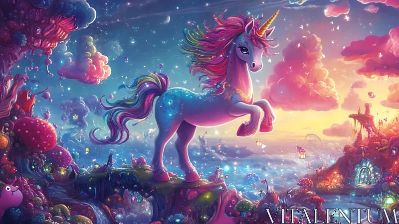 Stardust unicorn prances across a candy nebula sky.