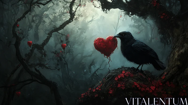 Dark Bird Encounters Red Heart in Misty Forest.