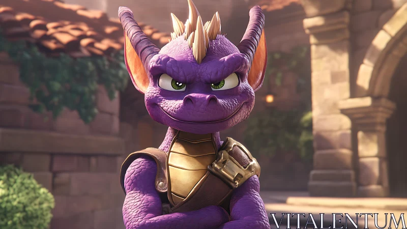 Stylized purple dragon hero in medieval courtyard, 3D render