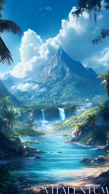 Tropical landscape with mountain, waterfall, and blue river.