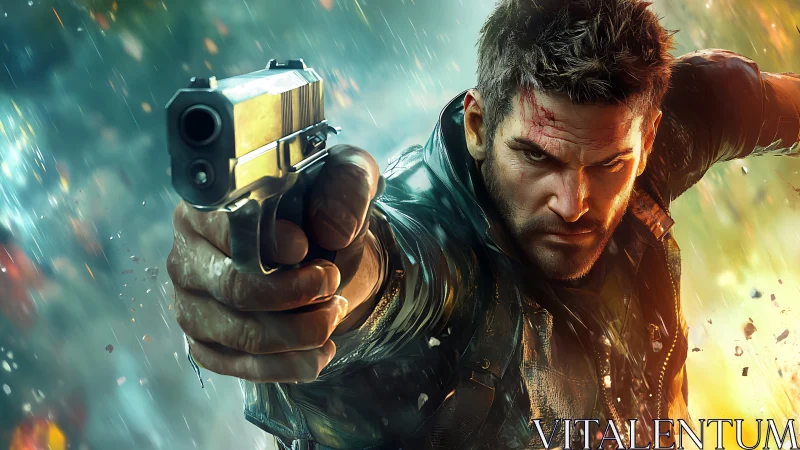 Digital action hero with handgun in dynamic rain combat