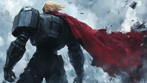 Armored figure stands with red cape against turbulent sky