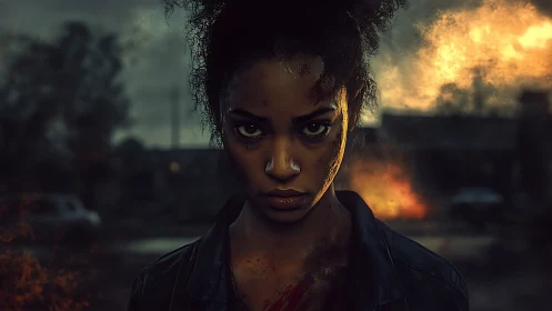 Intense portrait of soot marked woman in burning urban dusk