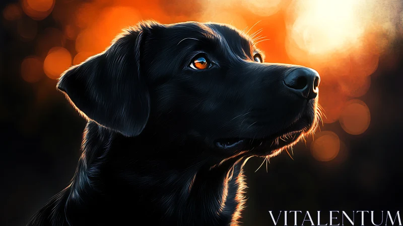 Gentle black lab bathed in soft sunset glow and quiet hope.
