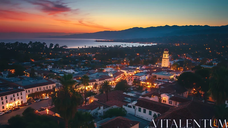Sunset lanterns over a coastal Spanish-tiled hillside town.