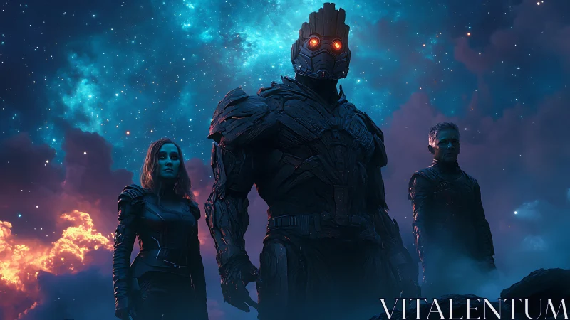 Starbound heroes stand tall beneath a glowing cosmic sky.