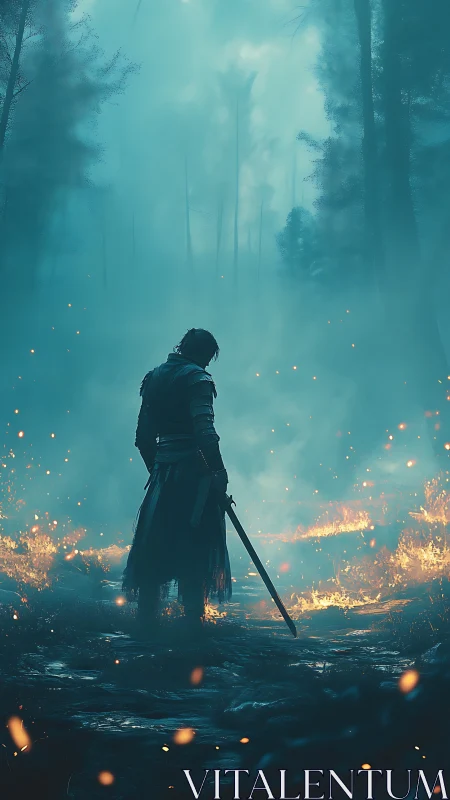 Lone ember knight wandering a fog-drowned burning forest.