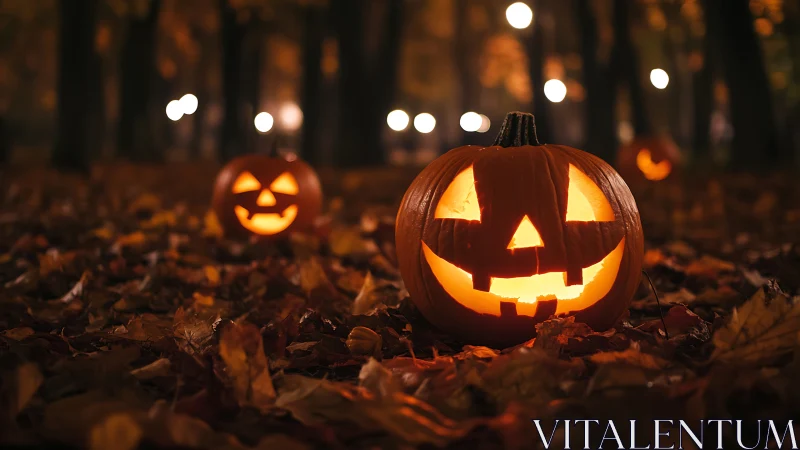 Glowing jack o lanterns light autumn forest floor at dusk.