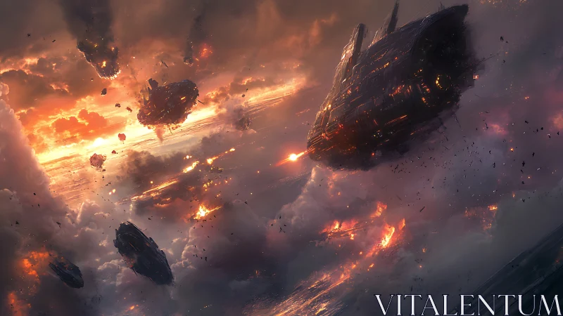 Burning dusk armada collides with a storm-torn sky battlefield.