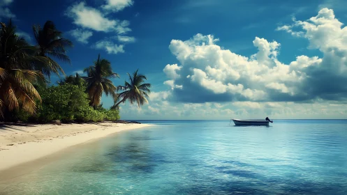 Tropical beach with moored fishing vessel displaying calm aquamarine waters