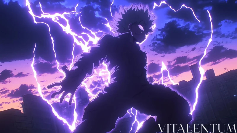 Stormlit street hero crackling with violet midnight voltage.