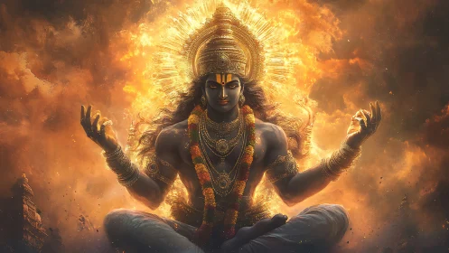 Divine figure sits in fiery aura with detailed golden ornaments