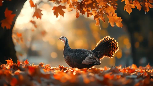 Wild turkey stands in glowing autumn forest light