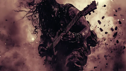 Storm-lit metal guitarist shredding through swirling chaos.