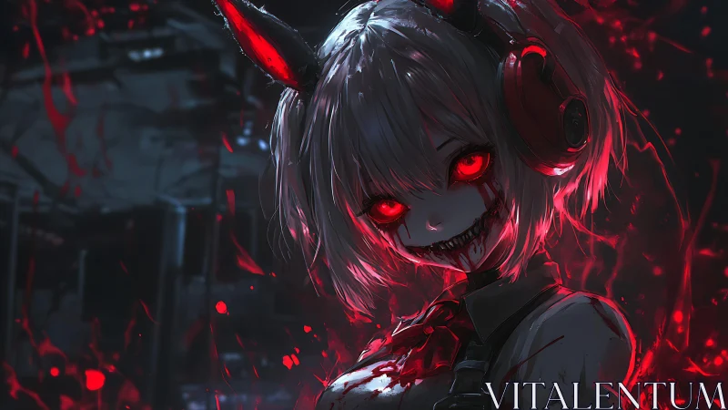Demonic anime girl radiates blood-red energy in darkness.