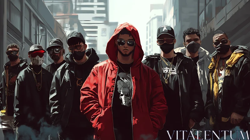 Urban street group in hoodies and masks in city alleyway.