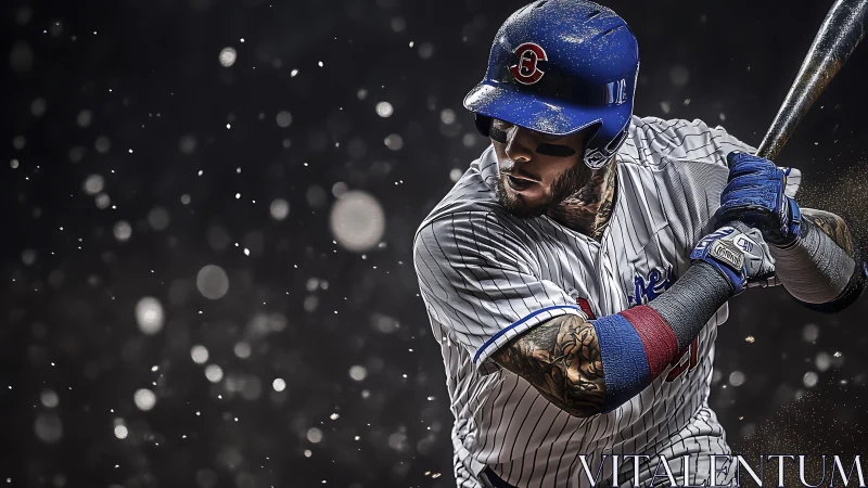 Under stadium lights, a tattooed slugger readies his swing.