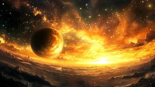 Burning alien planet rises over a blazing cosmic horizon