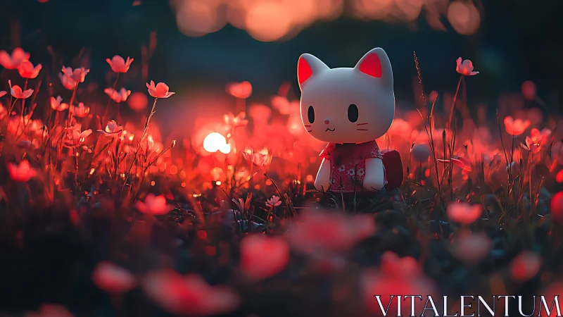 Kawaii Cat's Enchanted Evening in a Red Flower Meadow.