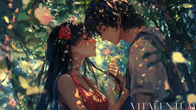 Sun-dappled garden lovers pausing on the edge of a kiss.