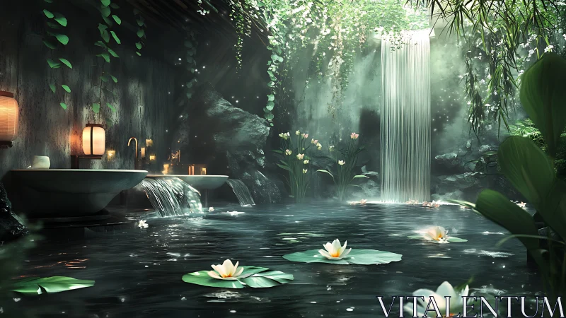 Indoor stone spa pool with waterfall and water lilies.