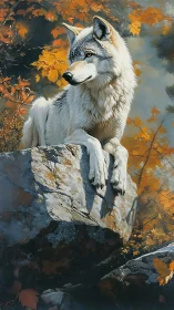 Autumn sentinel wolf lounging on sunlit mountain stone.