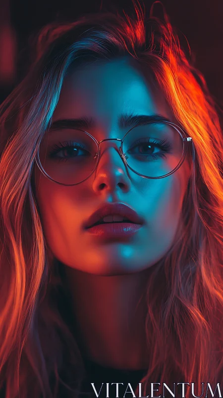 Neon rim-lit portrait renders bi-color cinematic facial close-up