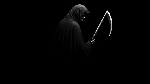 Grim reaper figure holds metal scythe in profile on black