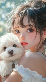 Young woman holding small white dog in soft daylight portrait.