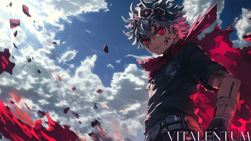 White haired anime boy with red eyes stands in red energy field