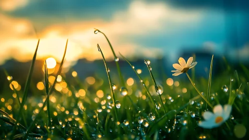 Daisy flowers with dewdrops in shallow focus at sunrise