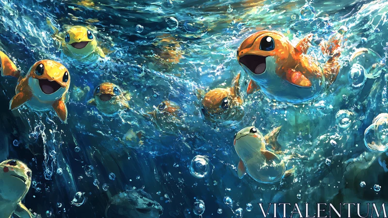 Playful orange sea creatures splash through vibrant water