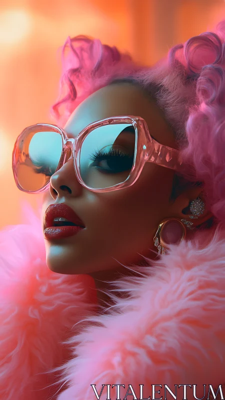 Neon glam portrait in oversized pink translucent sunglasses.