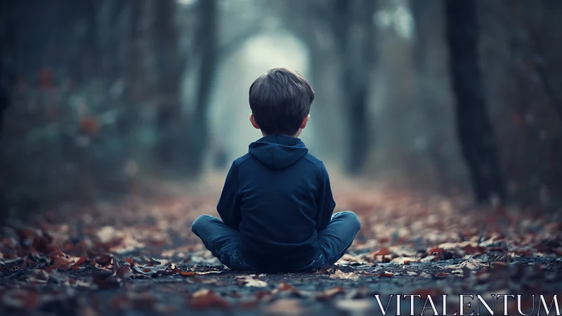 Quiet forest daydream wraps a small boy in soft blue hush