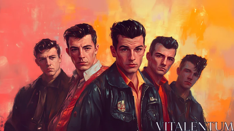 Five stylized 1950s greaser portraits on warm gradient field