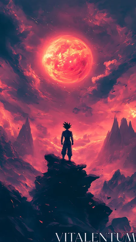 Silhouette observes luminous red celestial body in sky