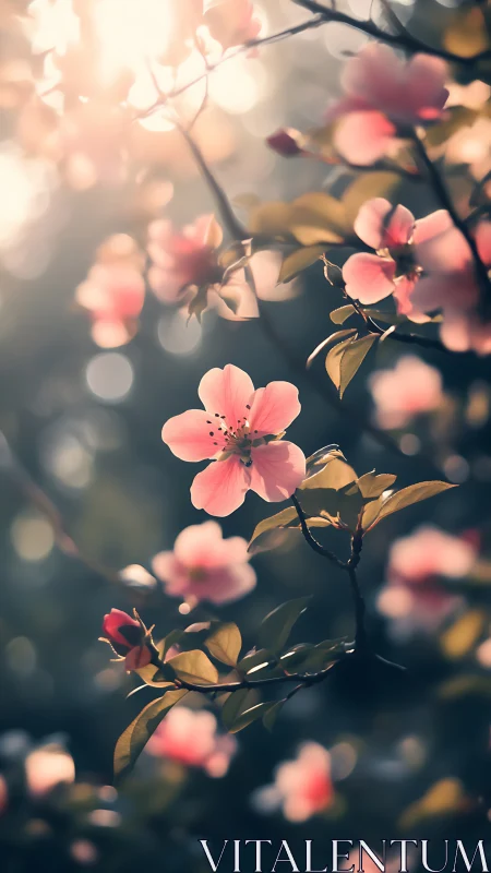 Soft-Focus Pink Blossoms Among Golden Branches