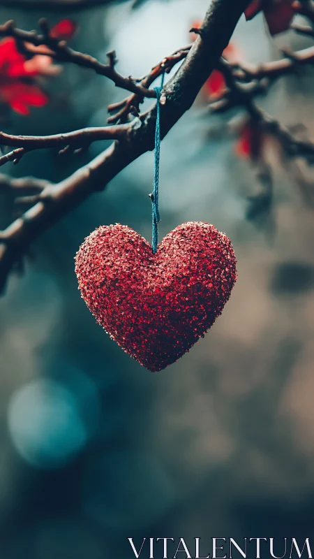Red glitter heart ornament suspended from tree branch