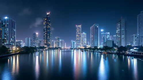Neon river mirror beneath a sleepless glass skyline.