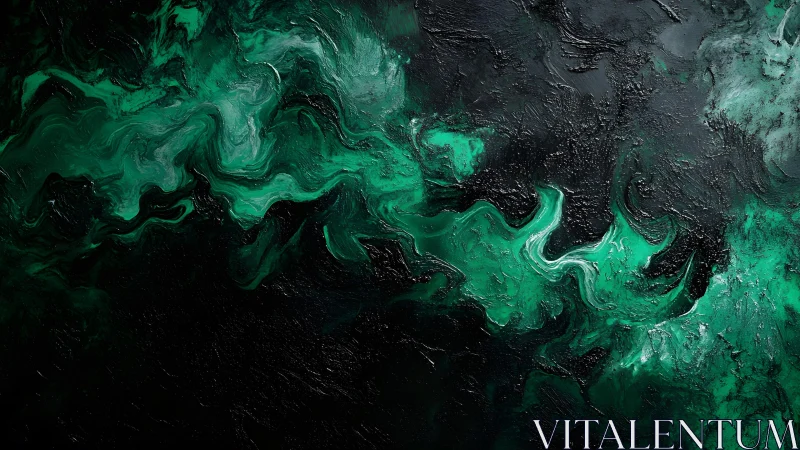 Vivid Green and Black Abstract Acrylic Painting with Swirling Textures.